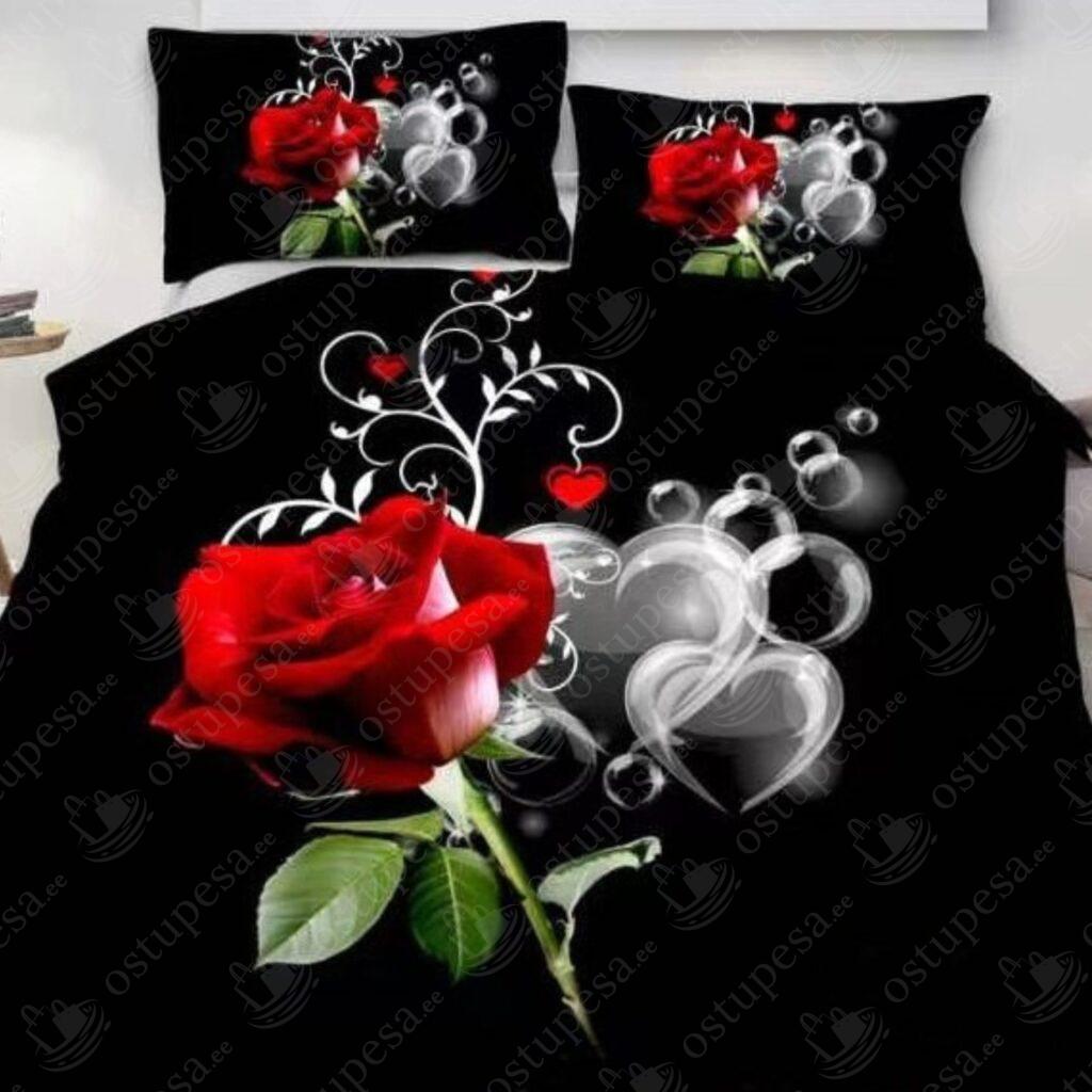 4-osaline voodipesukomplekt “Punane roos südametega”, puuvillasatiin