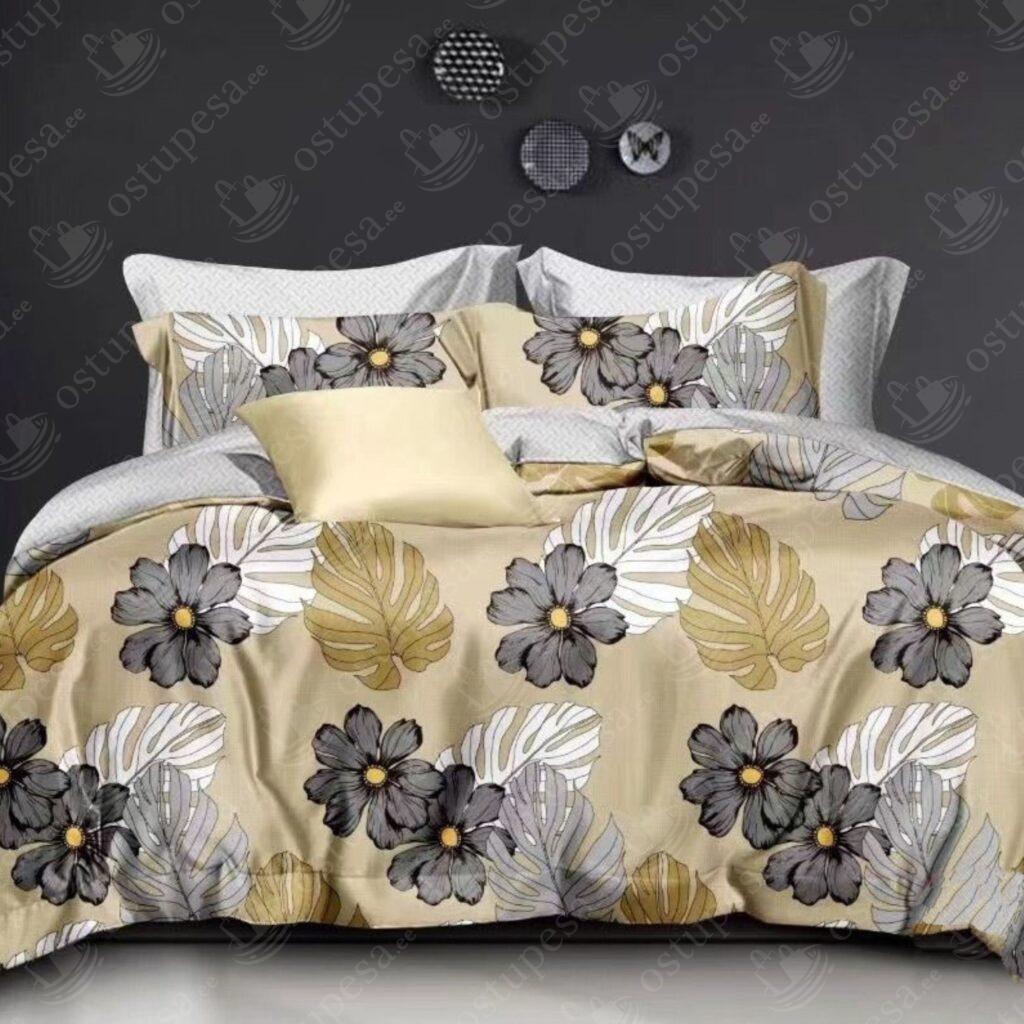 4-osaline voodipesukomplekt “Lehed ja lilled”, kuldne, puuvillasatiin