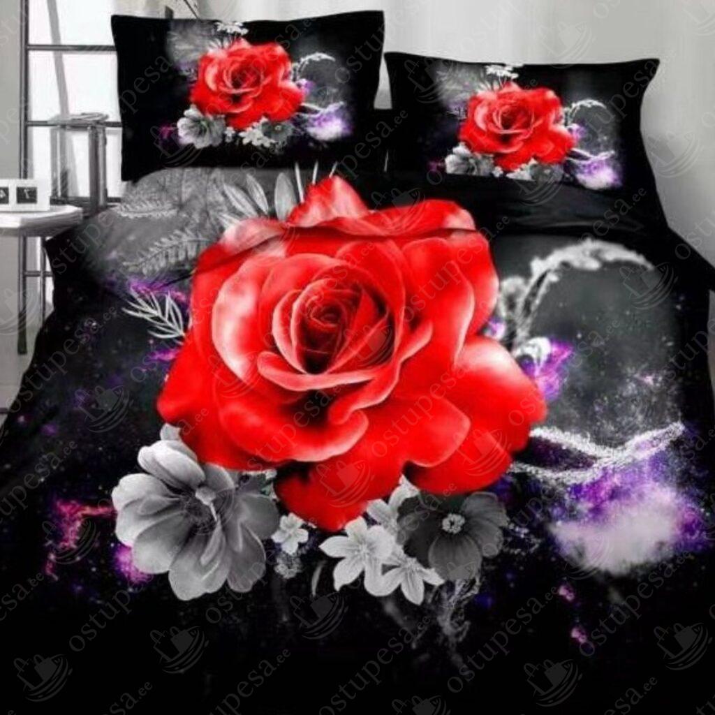 4-osaline voodipesukomplekt “Punane roos hallide lilledega”, puuvillasatiin