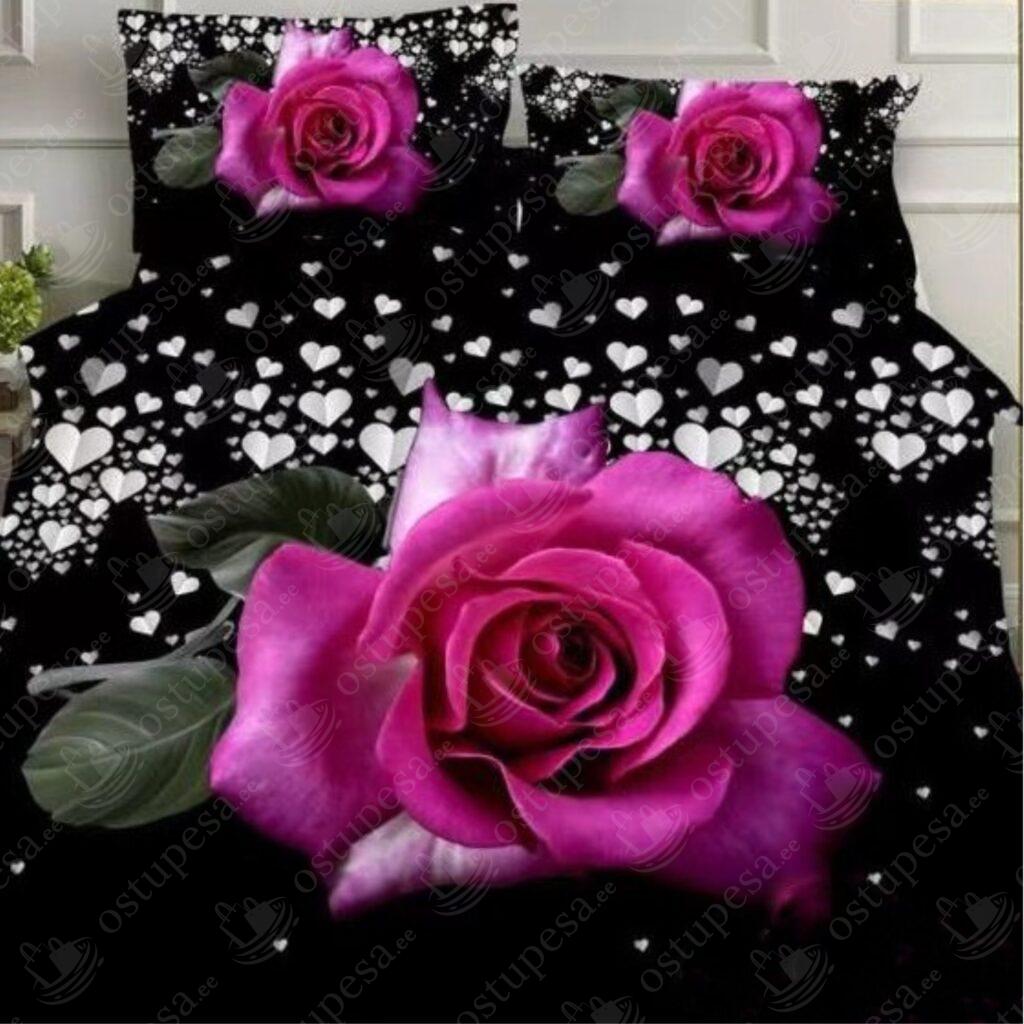 4-osaline voodipesukomplekt “Roosa roos”, puuvillasatiin