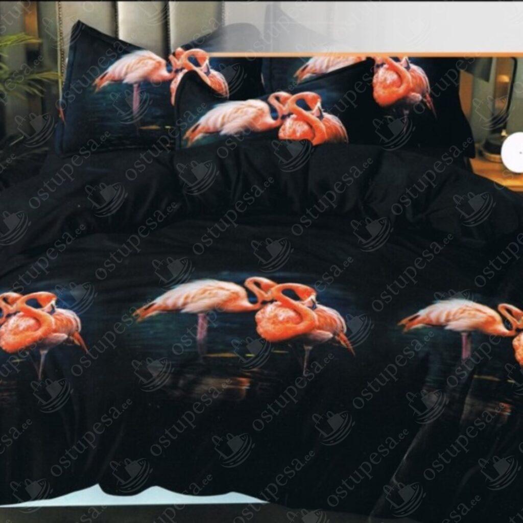 4-osaline voodipesukomplekt, puuvillsatiin, must flamingodega