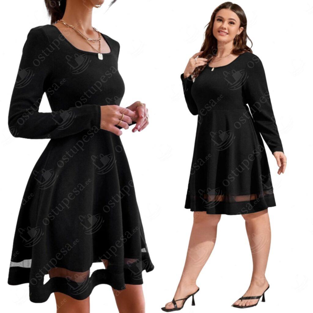 Pikkade varrukatega must kleit, ääres läbipaistev riba