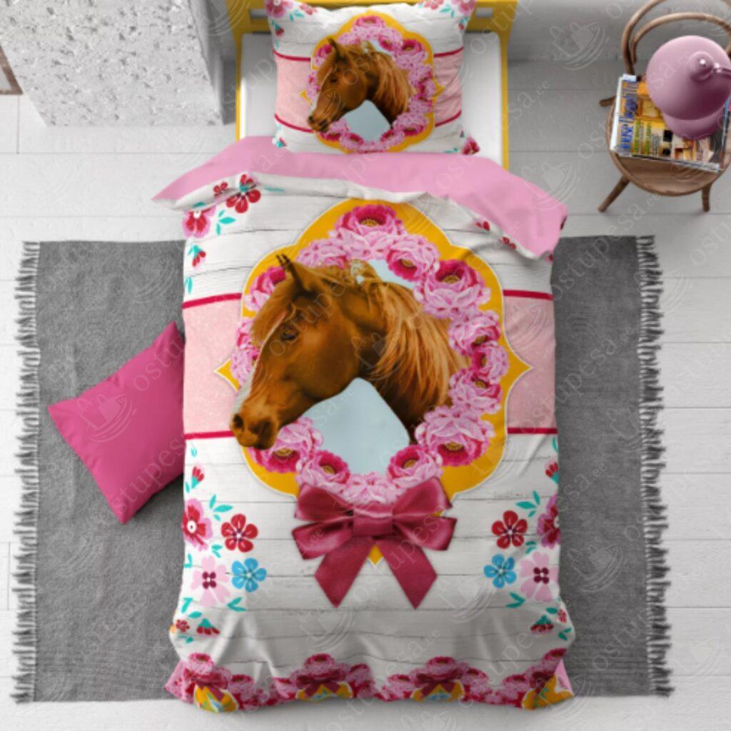Voodipesukomplekt, puuvillane, roosa hobusega, “Cute Horse”