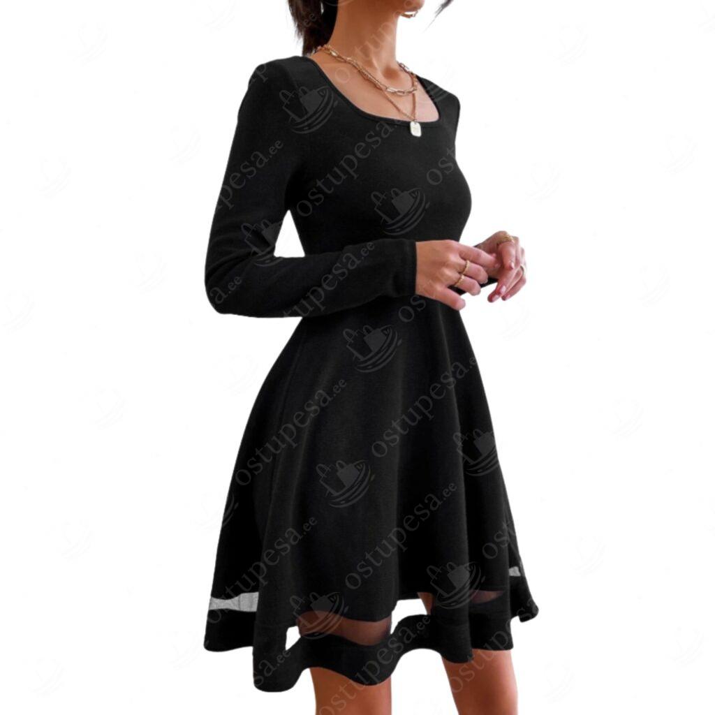 Pikkade varrukatega must kleit, ääres läbipaistev riba