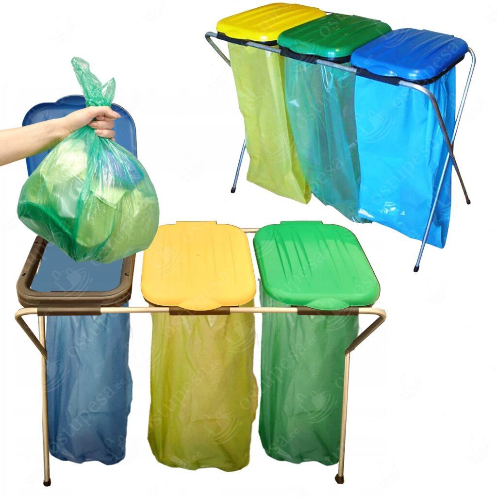 3-osaline prügikotihoidja, jäätmete sorteerimiseks