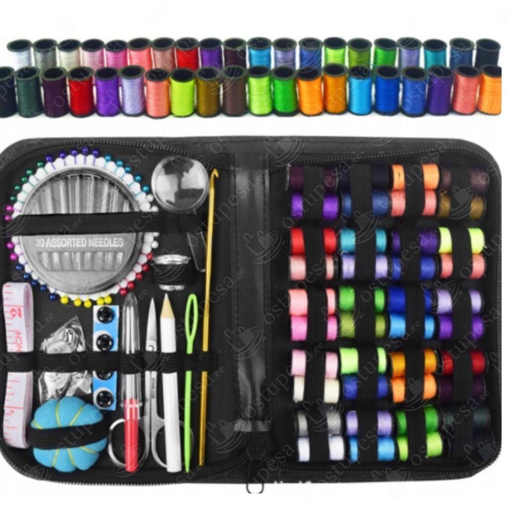 129-osaline õmblusvahendite komplekt lukuga ümbrises