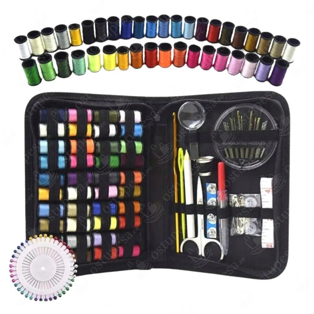 129-osaline õmblusvahendite komplekt lukuga ümbrises