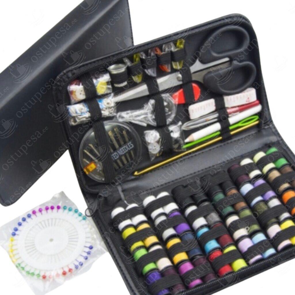 129-osaline õmblusvahendite komplekt lukuga ümbrises