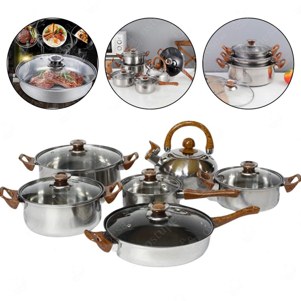 12-osaline pottide ja pannide komplekt, roostevaba terasest