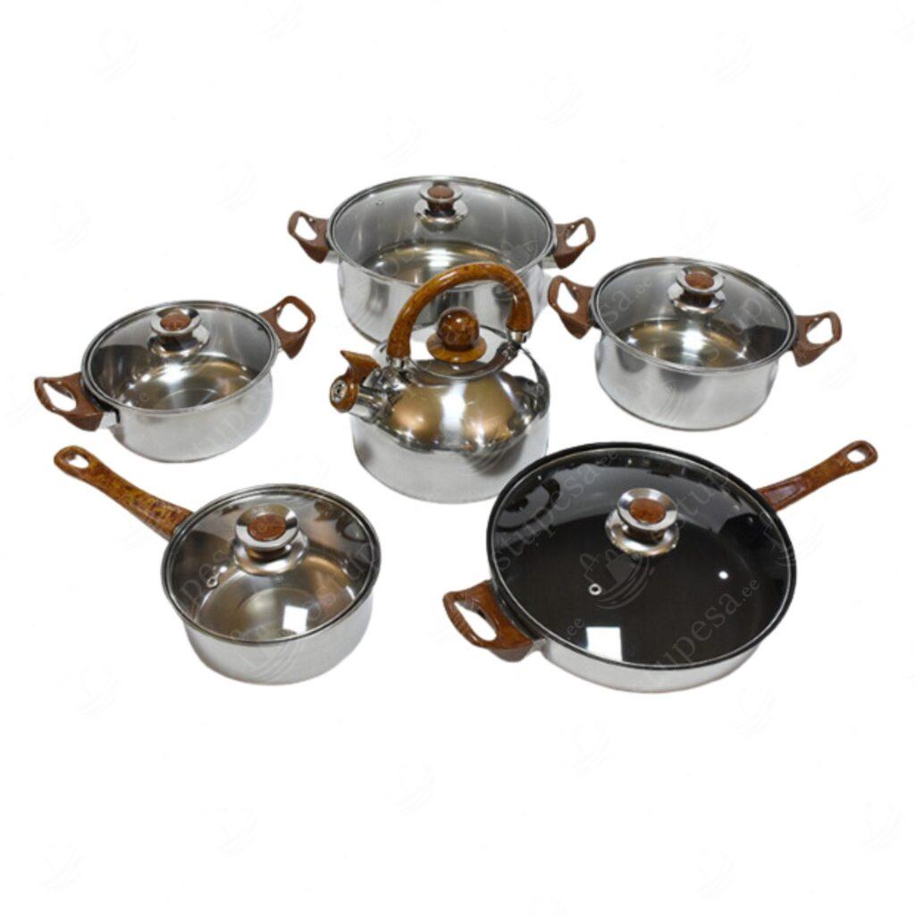 12-osaline pottide ja pannide komplekt, roostevaba terasest