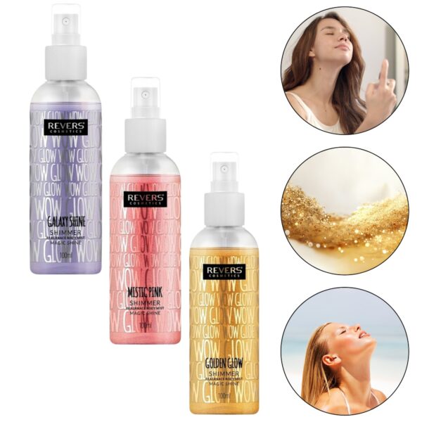 Sädelevad kehaspreid, 100 ml, Revers Cosmetics, 3 tk komplektis (Galaxy, Golden, Pink)