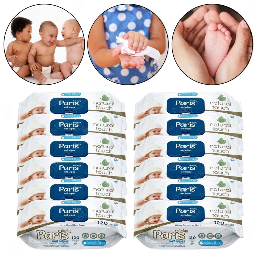 Niisked salvrätikud, 120 tk pakis, Paris Baby Natural Touch, 12 pakki komplektis