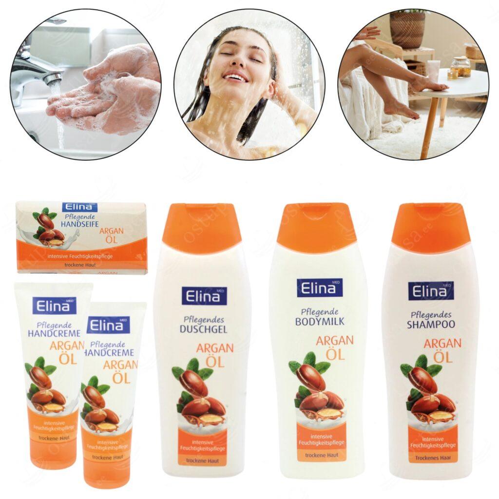 6-osaline kehahoolduskomplekt argaaniaõliga, Elina, dušigeel, kehapiim, šampoon, 2 x kätekreem, seep