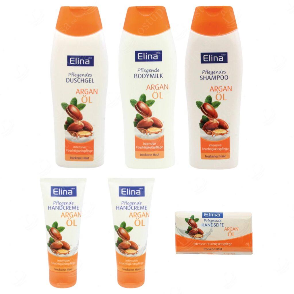 6-osaline kehahoolduskomplekt argaaniaõliga, Elina, dušigeel, kehapiim, šampoon, 2 x kätekreem, seep