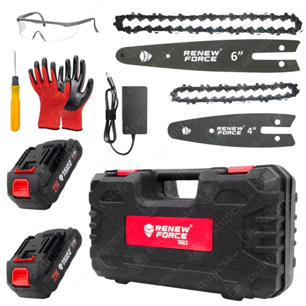 Akutoitel kettsaag, kahe aku ja lisatarvikutega, Renew Force