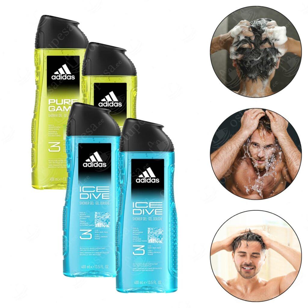 Adidas 3in1 dušigeel, 400 ml, 4 tk komplektis