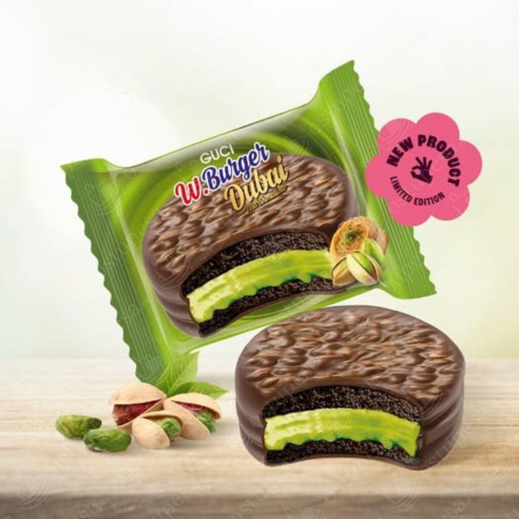 Šokolaadibatoon vahukommi ja pistaatsiakreemiga, 40 g, Guci W.Burger Dubai, 24 tk karbis