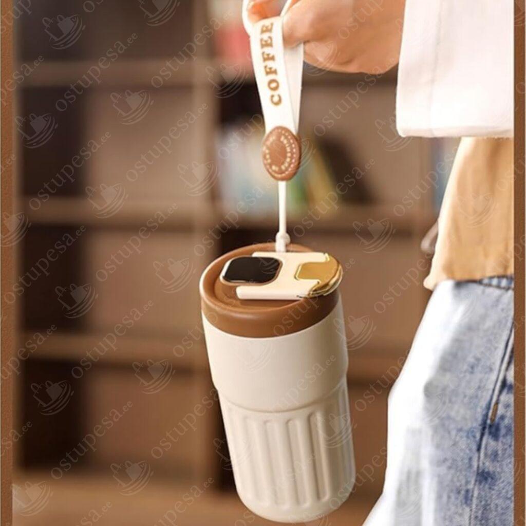 Kohvitermos, valge-pruun, LED-ekraaniga, 450 ml