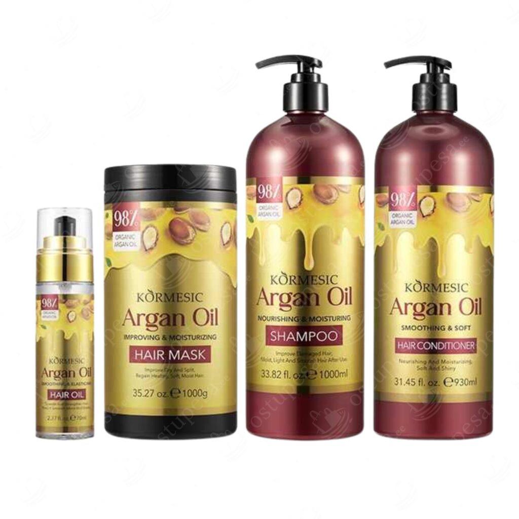 Juuksehoolduskomplekt argaaniaõliga, 1000 ml šampoon + 930 ml palsam + 1000 ml mask + 70 ml juukseõli, Kormesic