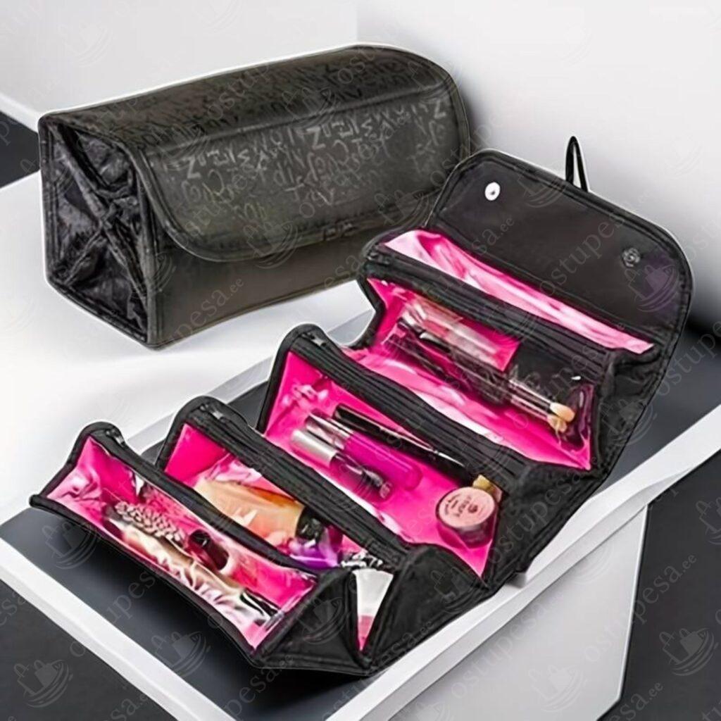 Kokkuvolditav kosmeetikakott, 4 kambriga, must