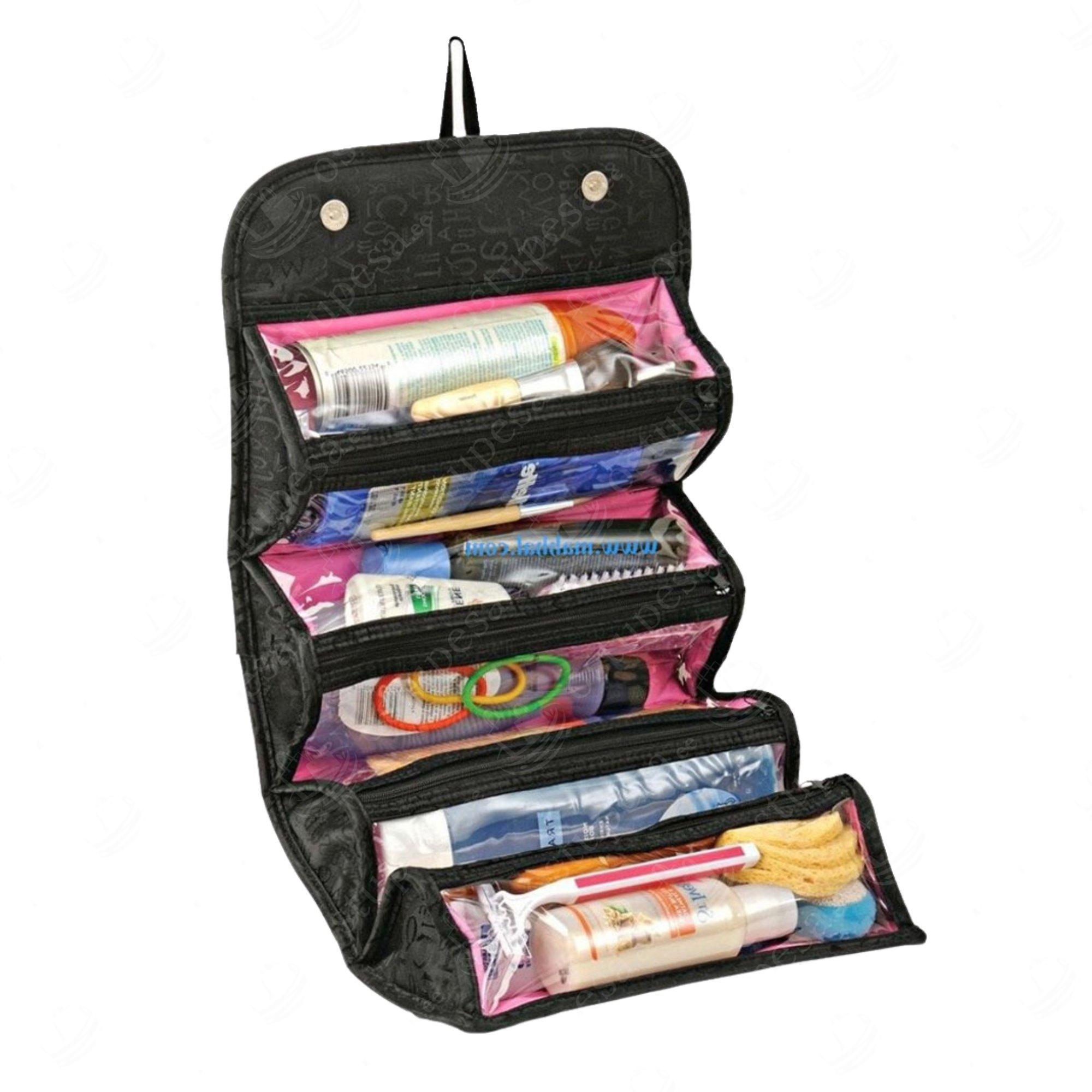 Kokkuvolditav kosmeetikakott, 4 kambriga, must